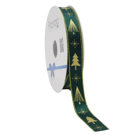 Christmas Trees & Stars Satin Ribbon; Gold on Green
